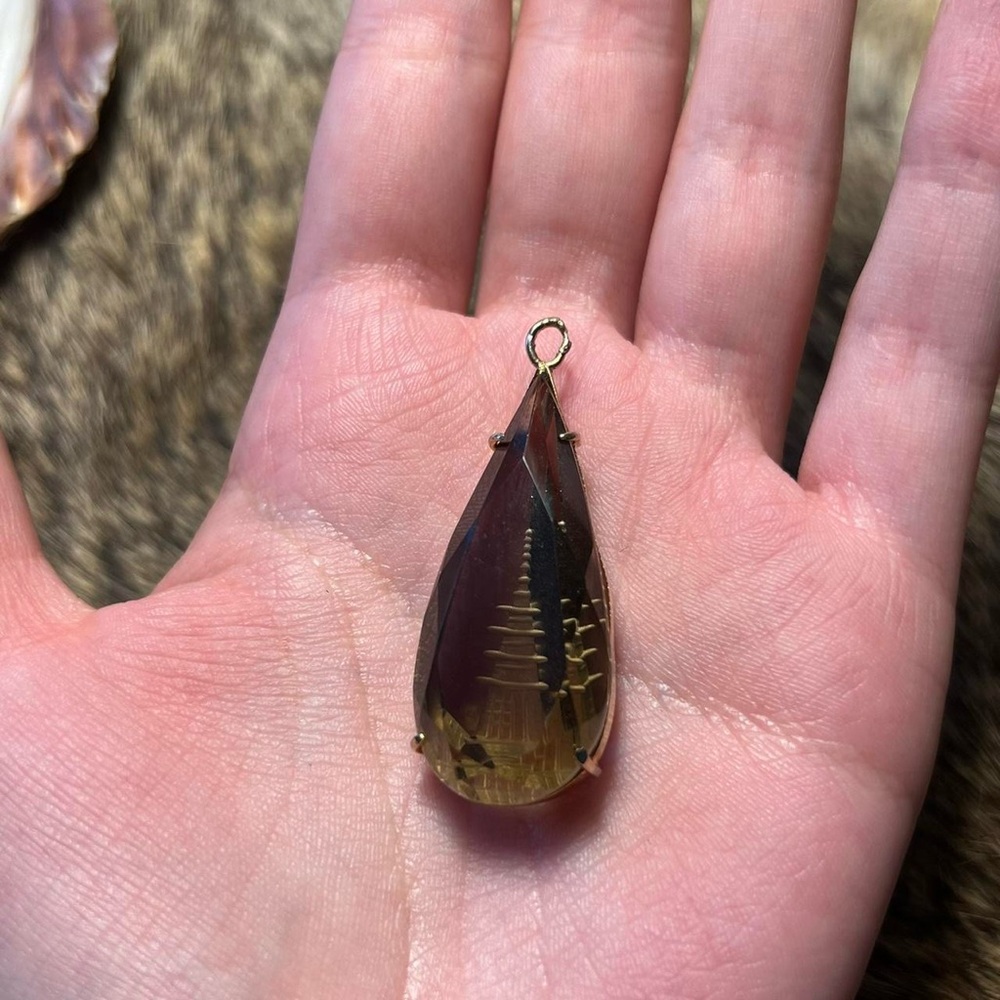 Gorgeous Smokey quartz carved pagoda intaglio pendant